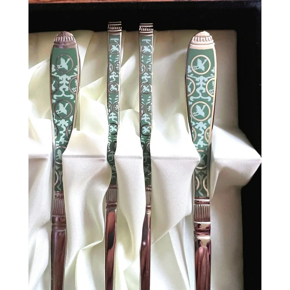 Korean‎ Celadon Crane Stainless Steel Chopsticks Spoon Gift Set Presentation Box